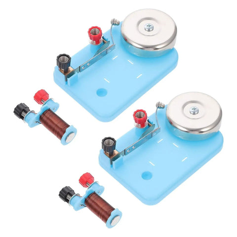 Hands On Electric Bell Lab Kit With Electromagnet And Relay For Real World Electricity Lessons Classroom Science Experiments And STEM Education Tools Now showing two kits with blue bases, metal bells, and red-black coil connectors.