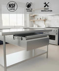 Heavy Duty Prep Work Table Drawer With Slick Ball Bearing Slides 22 X 20 Inches stainless steel drawer under counter in a kitchen.