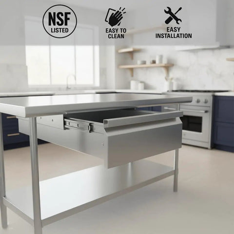 Heavy Duty Prep Work Table Drawer With Slick Ball Bearing Slides 22 X 20 Inches stainless steel drawer under counter in a kitchen.
