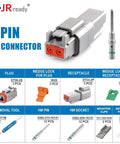 DT Waterproof 2 Pin Connector Kit With 14-20 AWG Solid Contacts, 5 Sets, Includes Removal Tool DRK-RT1B And Mounting Clips, shown with components