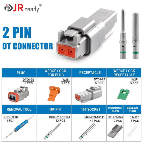 DT Waterproof 2 Pin Connector Kit With 14-20 AWG Solid Contacts, 5 Sets, Includes Removal Tool DRK-RT1B And Mounting Clips, shown with components