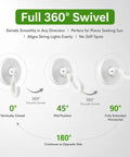 360 Degree Swivel Adhesive Wall And Ceiling Hooks illustration showing smooth swivel positions for hanging items.