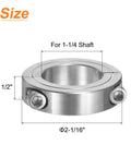 Four Pack Double Split Clamp On Shaft Collar For One And One Quarter Inch Shaft Two Piece Clamping Collar With Two And One Sixteenth Inch Outside Diameter And One Half Inch Thick Made From 304 Stainless Steel Heavy Duty Set Screw Style with measurements.