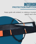 Interior view of open Beefy Heavy Duty Guide Rail Bag for track saw guides up to 59 inches, showcasing partition for protection.