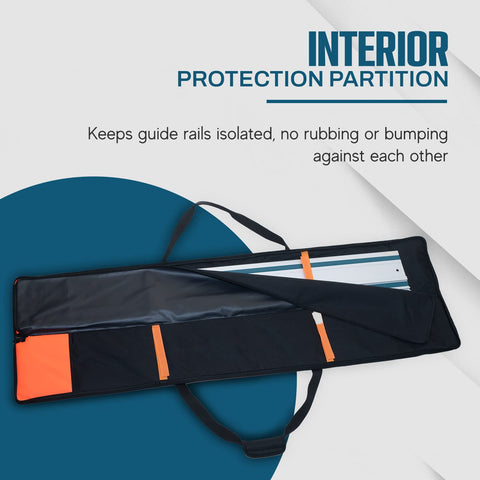 Interior view of open Beefy Heavy Duty Guide Rail Bag for track saw guides up to 59 inches, showcasing partition for protection.