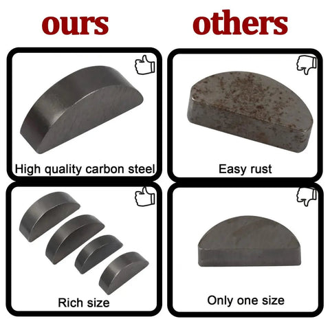 Comparison of 80 Piece Woodruff Key Set With 8 Sizes Carbon Steel Half Moon Keys highlighting quality and rust resistance.