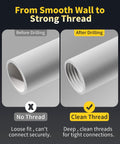 Dual-Function PVC Pipe Threading Tool Kit For One-Half Inch And Three-Quarter Inch Pipes, Electric Drill Compatible Internal And External Thread Cutting, Titanium-Plated Precision Pipe Tool For Smooth, Durable PVC Plumbing display, showing smooth pipe before and threaded pipe after use.