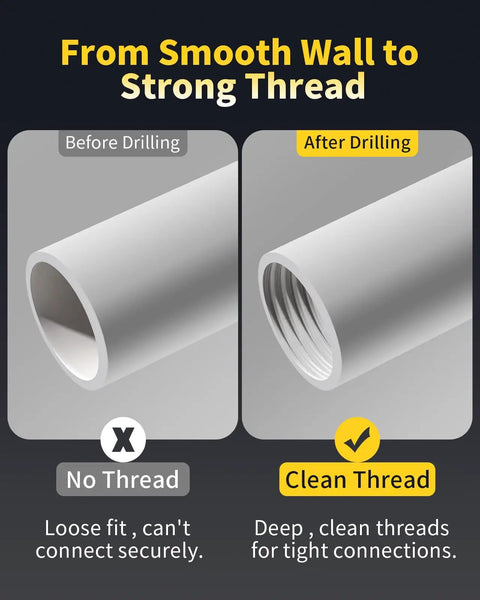 Dual-Function PVC Pipe Threading Tool Kit For One-Half Inch And Three-Quarter Inch Pipes, Electric Drill Compatible Internal And External Thread Cutting, Titanium-Plated Precision Pipe Tool For Smooth, Durable PVC Plumbing display, showing smooth pipe before and threaded pipe after use.
