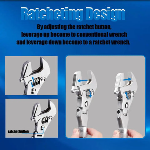 Adjustable Wrench With Flexible Head, 10 To 12.4 Inch Retractable Ratchet Crescent Tool, showing ratcheting design feature.