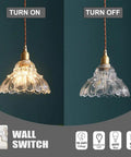 Clear Striped Glass Pendant Light Antique Brass Adjustable Mini Chandelier for Kitchen Island, illuminated and unilluminated view.