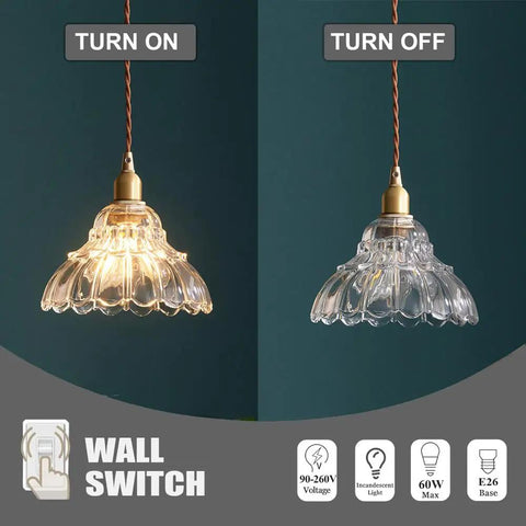 Clear Striped Glass Pendant Light Antique Brass Adjustable Mini Chandelier for Kitchen Island, illuminated and unilluminated view.