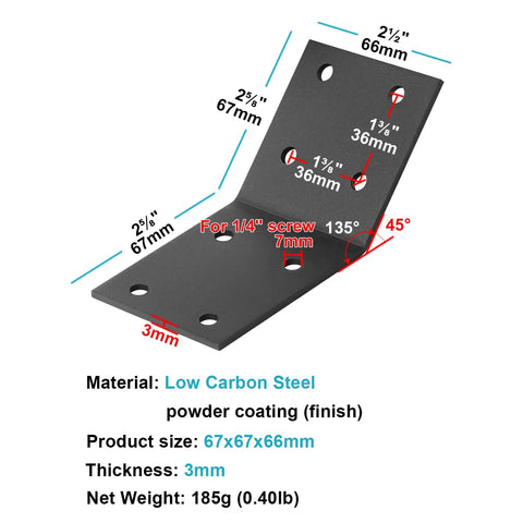 Diagram of Built Tough Flush Inside 45 Degree Corner Bracket Plate Set For Post And Beam, 10 Pack, detailed measurements and steel attributes.