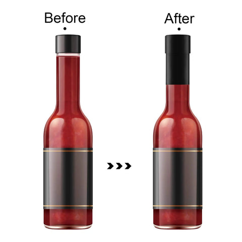 Before and after comparison of bottle with Top Shelf Black Shrink Bands For Bottles And Jars Hella Secure Tamper Proof Sealing Sleeves.