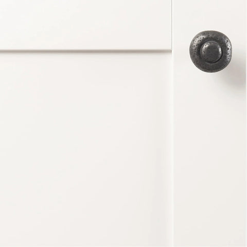 Solid Core Black Iron Cabinet Knobs For Kitchen And Dresser, One And One Quarter Inch Heavy Duty Metal Pulls For Doors And Drawers, Boss Level Refined Rustic Collection By Hickory Hardware, One Pack, installed on white cabinet