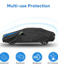 Waterproof All Weather Car Cover For Sedans And Outdoor Use Heavy Duty Full Exterior Shield showing multi-use protection features.