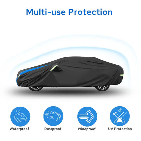 Waterproof All Weather Car Cover For Sedans And Outdoor Use Heavy Duty Full Exterior Shield showing multi-use protection features.