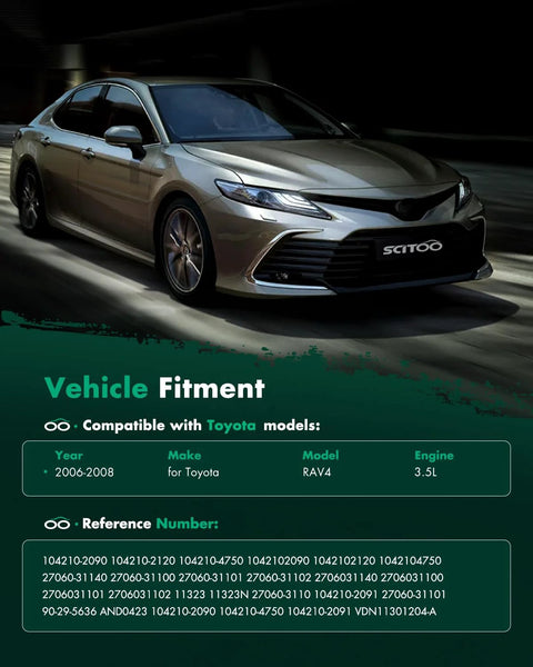 Alternator For Toyota RAV4 2006 2007 2008 V6 Three Point Five Liter 12 Volt 130 Amp Clockwise Rotation With Seven Groove Clutch Pulley Replacement OE 11323 104210 2090 104210 2120 27060 31140 Ready To Install displayed with a sedan and compatibility details.