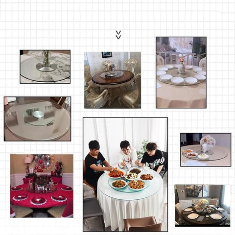 Heavy-Duty 39 Inch Lazy Susan Tabletop Serving Tray Made of Explosion-Proof Tempered Glass, 360 Degree Rotating Round Plate in use