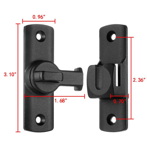 90 And 180 Degree Flip Barn Door Lock For Privacy And Security, adjustable latch hardware showing dimensions in black aluminum alloy