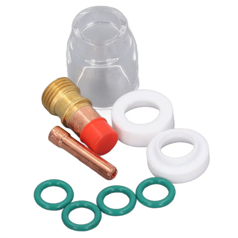 Top Tier 9 Piece TIG Welding Torch Kit With Collet Gas Lens Glass Cup Gasket O Ring For WP 17 18 26 Silly Brass Consumables Steel parts including gas lens and O rings.