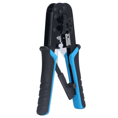 Ratcheting Crimping Tool Kit For Cat5 Ethernet With 8P And 6P Heads Easy Shear Blade Blue Black Finish Secure Cable Connections