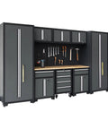 Beefy Nine Piece Garage Storage Cabinet System With Rolling Chest Workbench Pegboard And Wall Cabinets For Epic Tool Organization