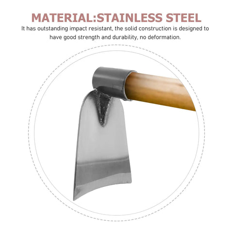 Close-up of Pro Grade Stainless Steel Garden Hoe Head for Digging and Weeding, rust-resistant with wooden handle.