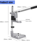 Adjustable Electric Drill Press Stand And Holder Bracket For Workbench Clamp Tool Station Lightweight Aluminum Alloy with dimensions shown.