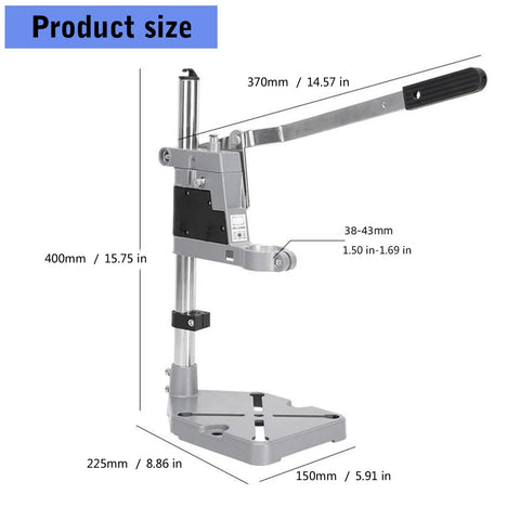 Adjustable Electric Drill Press Stand And Holder Bracket For Workbench Clamp Tool Station Lightweight Aluminum Alloy with dimensions shown.