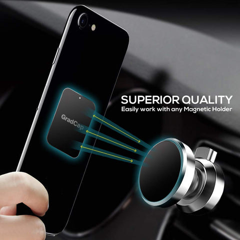 Universal Magnetic Phone Mount Metal Plates Kit 4 Pack Ultra Thin Discs With 3M Adhesive shown with car mount