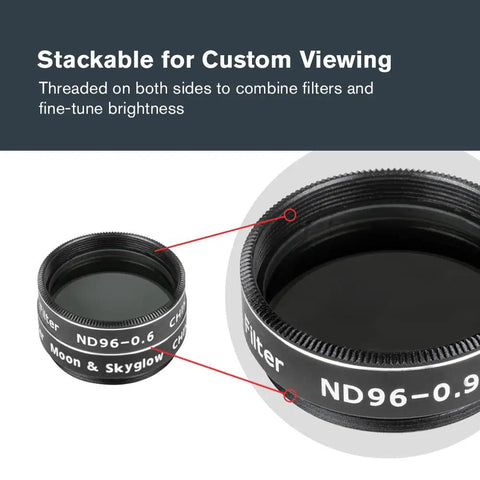 Moon Filter Kit For 1.25 Inch Telescope Eyepieces With Four Filter Set showing threaded ND filter and moon sky glow filter