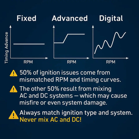 Graph comparing fixed, advanced, and digital ignition timing with warnings about mixing AC and DC systems
