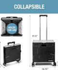 Collapsible Rolling Cart With Handle, 55L Four Wheel Utility Cart For Teachers, Travel, Groceries And Storage, Black, dimensions shown
