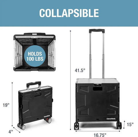 Collapsible Rolling Cart With Handle, 55L Four Wheel Utility Cart For Teachers, Travel, Groceries And Storage, Black, dimensions shown