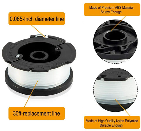 String Trimmer Spool Replacement Kit For AF 100 30Ft 0.065 Inch Line with black ABS material and nylon polyamide design