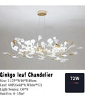 Nordic Romantic Ginkgo Leaf Pendant Lamp for Dining Room Vintage Chandelier with white and gold leaves, size 125x40x40cm.