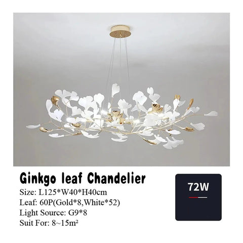 Nordic Romantic Ginkgo Leaf Pendant Lamp for Dining Room Vintage Chandelier with white and gold leaves, size 125x40x40cm.
