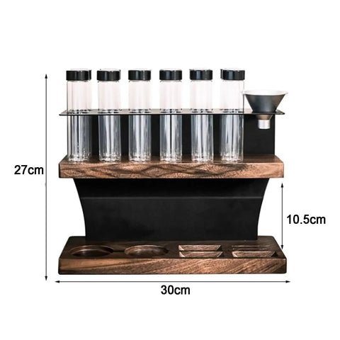 Two Tier Coffee Tool Storage Stand With Twelve Single Dose Bean Vials And One Way Exhaust Valve Plus Heavy Duty Slots For Tamper And Dosing Cups; 30cm x 27cm x 10.5cm, walnut and black design.