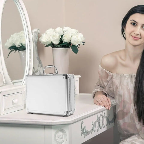 Tough As Nails Aluminum Tool Chest With Comfortable Grip Handle And Solid Metal Latch Portable Hard Storage Case on a vanity.