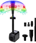 Water Pump Kit With Mushroom And Blossom Spray Heads, 12 LED Fountain Ring, 6 Ft Cord, 15W 211GPH, showing parts and spray pattern