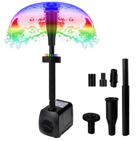 Water Pump Kit With Mushroom And Blossom Spray Heads, 12 LED Fountain Ring, 6 Ft Cord, 15W 211GPH, showing parts and spray pattern