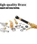 Pro Fuel Injection Pressure Tester Kit With 0 To 140 PSI Gauge and brass fittings, hose clamps, and adapters displayed on white background.