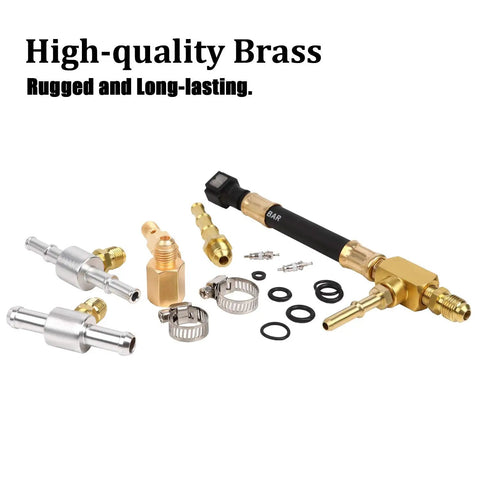 Pro Fuel Injection Pressure Tester Kit With 0 To 140 PSI Gauge and brass fittings, hose clamps, and adapters displayed on white background.