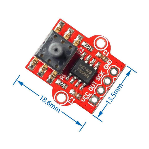 HiLetgo digital barometric pressure sensor module, red PCB with VCC SCK GND labels, 18.6x13.5 mm