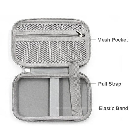 Interior view of Rock Solid Hardshell Diabetes Travel Case Bag featuring mesh pocket, pull strap, and elastic band.