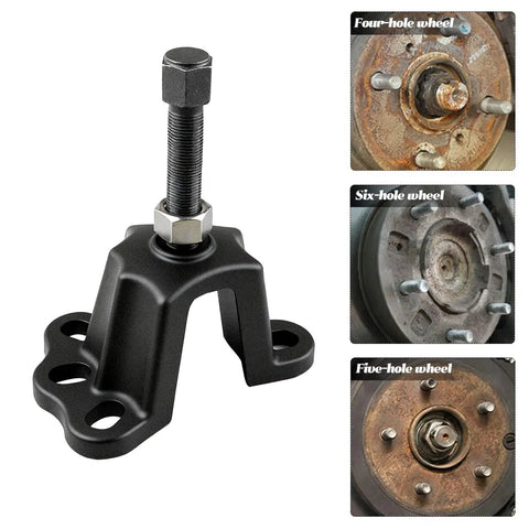 Heavy Duty Universal Hub Puller For Brake Drum Removal And Seized Bearing Extraction Four And A Half Inch Jaw Opening Tough Carbon Steel, showing puller for various wheel types.