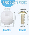 30 Piece Furniture Fasteners Kit With Plastic Hinge Dowels And Stainless Steel Screws For Cabinet Door Repair And Drawer Fix Easy Installation For Kitchen Cabinet Hinges Replacement Durable Plastic And Steel Construction shown in close-up with size details.
