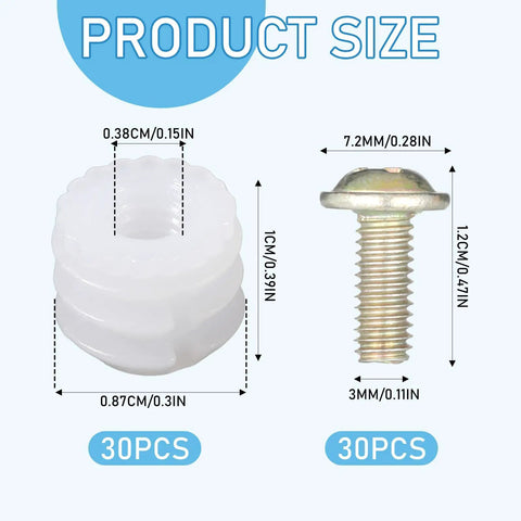 30 Piece Furniture Fasteners Kit With Plastic Hinge Dowels And Stainless Steel Screws For Cabinet Door Repair And Drawer Fix Easy Installation For Kitchen Cabinet Hinges Replacement Durable Plastic And Steel Construction shown in close-up with size details.
