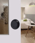 Black Closet Door Finger Pull One And Three Quarter Inch Hole Opening 4 Pack Easy Snap In Circular Sliding Door Pull No Nails Needed For Pocket Doors Bi Parting Cabinets And Sliding Barn Door Systems installed on glass door.