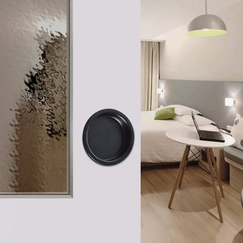 Black Closet Door Finger Pull One And Three Quarter Inch Hole Opening 4 Pack Easy Snap In Circular Sliding Door Pull No Nails Needed For Pocket Doors Bi Parting Cabinets And Sliding Barn Door Systems installed on glass door.